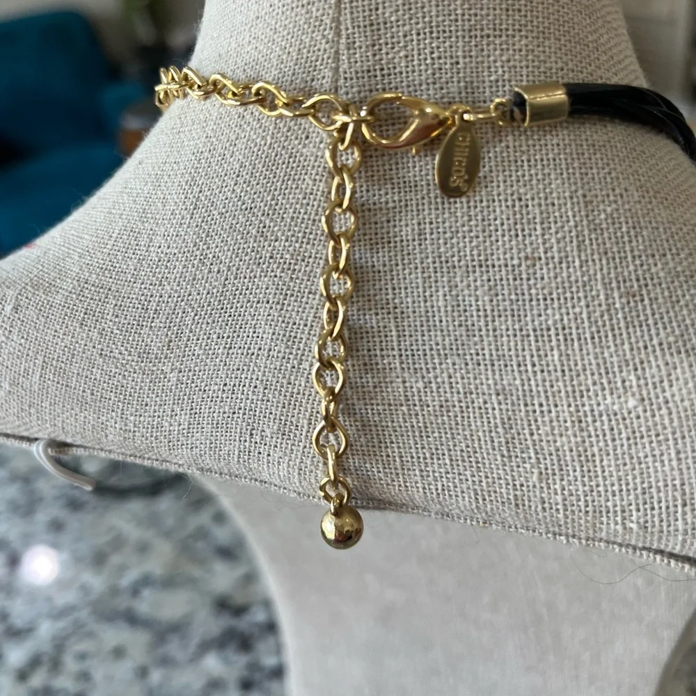 N288 Signed CHICO'S Gold EGYPTIAN Motif Square Pendant on 18" black rope group - Picture 6 of 6